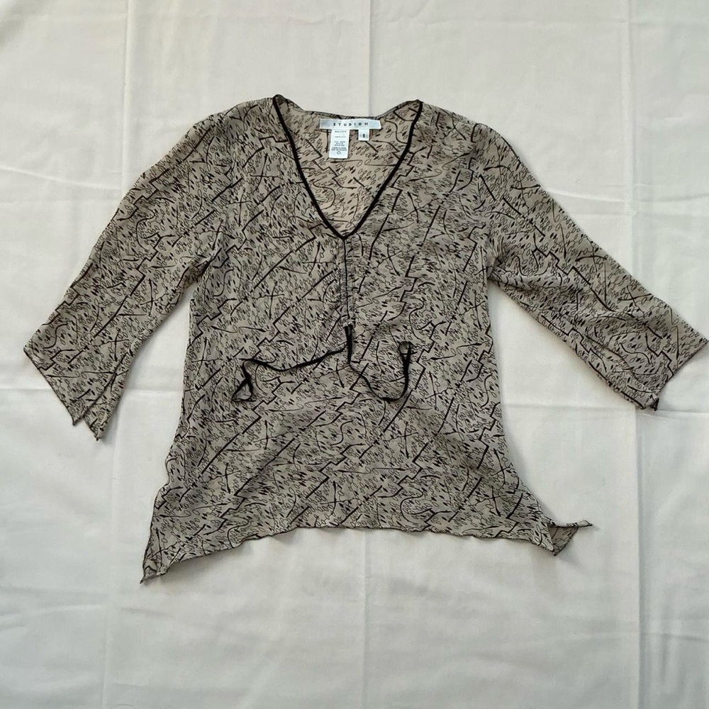 Studio‎ M Brown Paisley Sheer Silk Boho Top Size Small